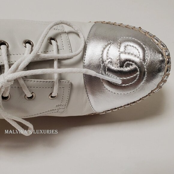 GUCCI SHOES PILAR GG LOGO LEATHER ESPADRILLES WEDGE LACE-UP sz IT 37 US 7 - Picture 5 of 7